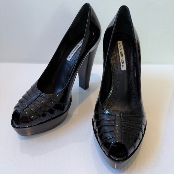 VIA SPIGA Black Patent Leather Platform Peep Toe Heels 7.5 - Picture 1 of 12